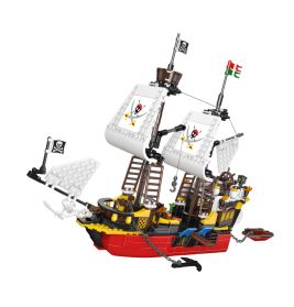 Ein LEGO-Piratenschiff mit weißen Segeln, Piratenflaggen sowie roten, gelben und schwarzen Details.