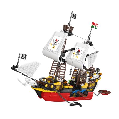 Ein LEGO-Piratenschiff mit weißen Segeln, Piratenflaggen sowie roten, gelben und schwarzen Details.