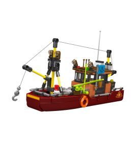 LEGO-Angelschiff mit rot-braunem Rumpf, gelben Akzenten und vielen Details zur Angelausrüstung.