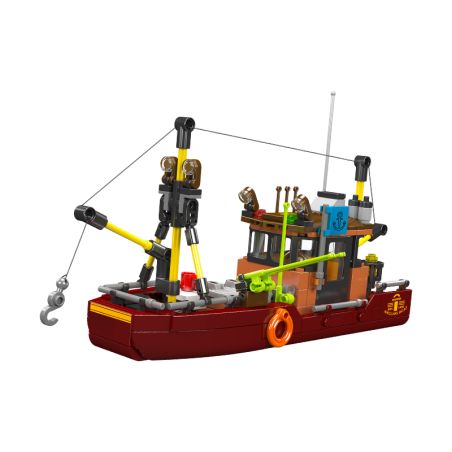 LEGO-Angelschiff mit rot-braunem Rumpf, gelben Akzenten und vielen Details zur Angelausrüstung.