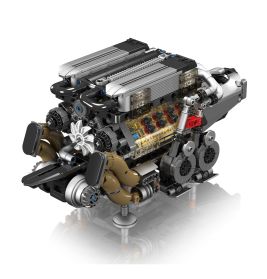 LEGO-Modell eines detaillierten V8-Motors mit sichtbaren Kolben, Rohren und komplexen Bauteilen.