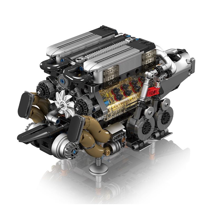 LEGO-Modell eines detaillierten V8-Motors mit sichtbaren Kolben, Rohren und komplexen Bauteilen. LEGO-Modell eines detaillierten V8-Motors mit sichtbaren Kolben, Rohren und komplexen Bauteilen.