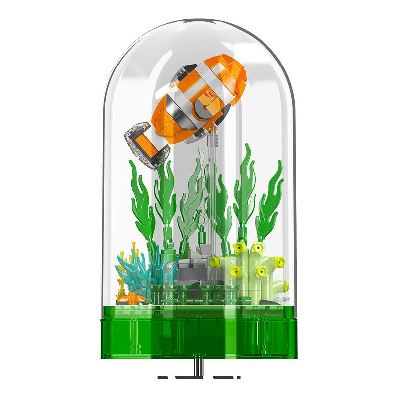 LEGO-Fische und Meerespflanzen unter einer durchsichtigen Kuppel, wie in einem Aquarium ausgestellt. LEGO-Fische und Meerespflanzen unter einer durchsichtigen Kuppel, wie in einem Aquarium ausgestellt.
