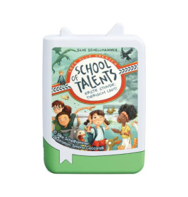 Buchcover von School of Talents mit gezeichneten Kindern, Tieren und einer Schule im Hintergrund.
