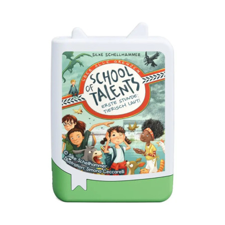 Buchcover von School of Talents mit gezeichneten Kindern, Tieren und einer Schule im Hintergrund.