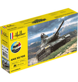 Gelbe Heller-Modellbaubox mit AMX 30/105-Panzer in Aktion, im Hintergrund Berge.
