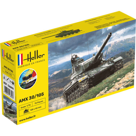 Gelbe Heller-Modellbaubox mit AMX 30/105-Panzer in Aktion, im Hintergrund Berge.