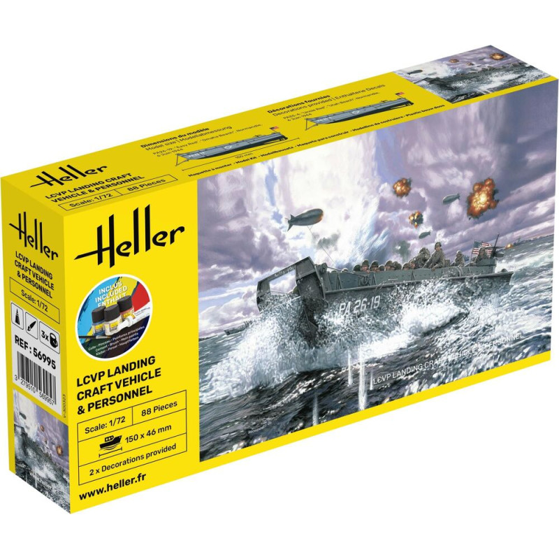 Heller-Modellbausatz: WWII-Landungsboot im Sturm, umgeben von Explosionen und Soldaten. Heller-Modellbausatz: WWII-Landungsboot im Sturm, umgeben von Explosionen und Soldaten.