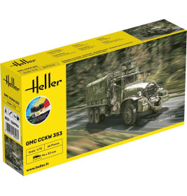 Heller Modellbausatz mit GMC CCKW 353 Militär-Lkw auf gelbem Hintergrund.