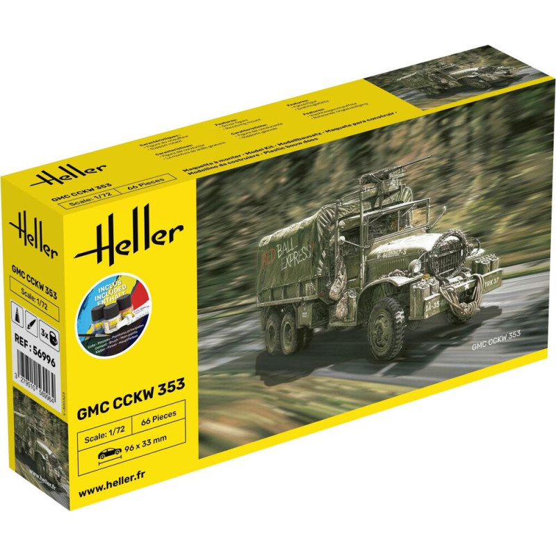 Heller Modellbausatz mit GMC CCKW 353 Militär-Lkw auf gelbem Hintergrund. Heller Modellbausatz mit GMC CCKW 353 Militär-Lkw auf gelbem Hintergrund.