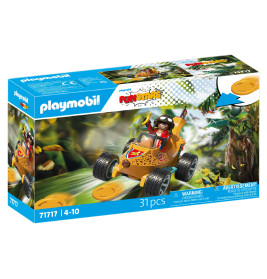Playmobil FunStars Dschungel-Fahrzeug Set mit 31 Teilen für Kinder von 4-10 Jahren, Box zeigt Dschungelszene.