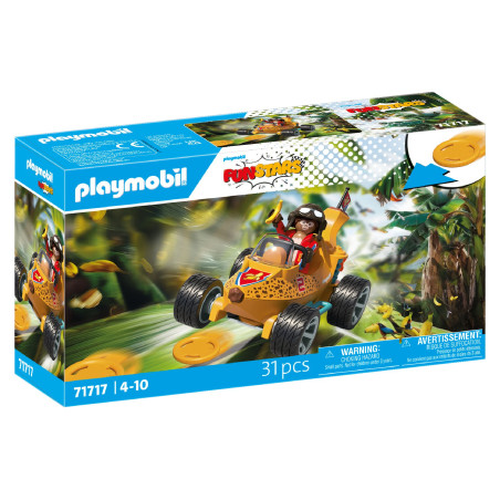 Playmobil FunStars Dschungel-Fahrzeug Set mit 31 Teilen für Kinder von 4-10 Jahren, Box zeigt Dschungelszene.