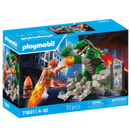 Playmobil-Set: Ein Held kämpft in einer zerstörten Stadt gegen ein großes grünes Krokodil.