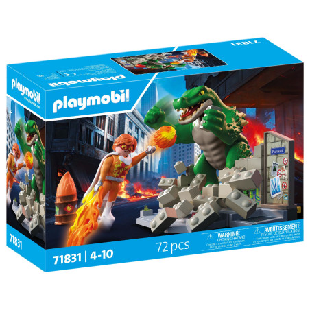 Playmobil-Set: Ein Held kämpft in einer zerstörten Stadt gegen ein großes grünes Krokodil.