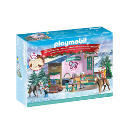 Playmobil Adventskalender mit Wintercafé-Szene, Pferd, Figuren und weihnachtlicher Dekoration auf der Verpackung.