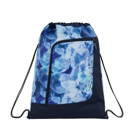 Blau-schwarzer Turnbeutel mit abstraktem Muster und diagonaler Reißverschlusstasche auf der Vorderseite.