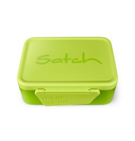 Grüne Brotdose mit Satch auf dem Deckel und Its up to you am Verschluss, von oben gesehen.