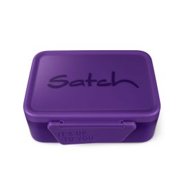 Lila Brotdose mit Satch-Logo auf dem Deckel und Its up to you am Verschluss.