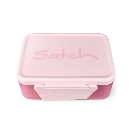 Pinkfarbene Lunchbox, Deckel mit Satch-Logo, Verschluss geprägt mit ITS UP TO YOU.