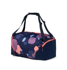 Dunkelblaue Sporttasche mit pink-blauen Mustern und verstellbarem Schultergurt.