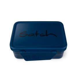 Blaue Brotdose mit Satch auf dem Deckel und ITS UP TO YOU am Verschluss.