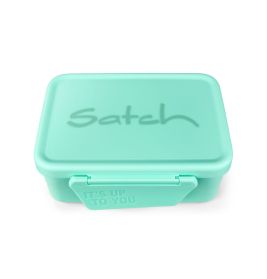 Geschlossene, türkisfarbene Brotdose mit Satch auf dem Deckel und ITS UP TO YOU am Verschluss.