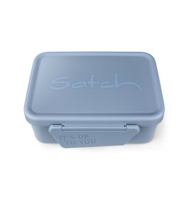 Blaue Brotdose mit Satch-Schriftzug auf dem Deckel und Aufdruck ITS UP TO YOU am Verschluss.