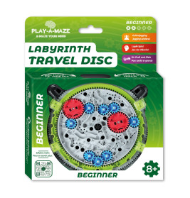 Play-a-Maze Labyrinth Travel Disc im grünen Karton, geeignet für Anfänger ab 8 Jahren.