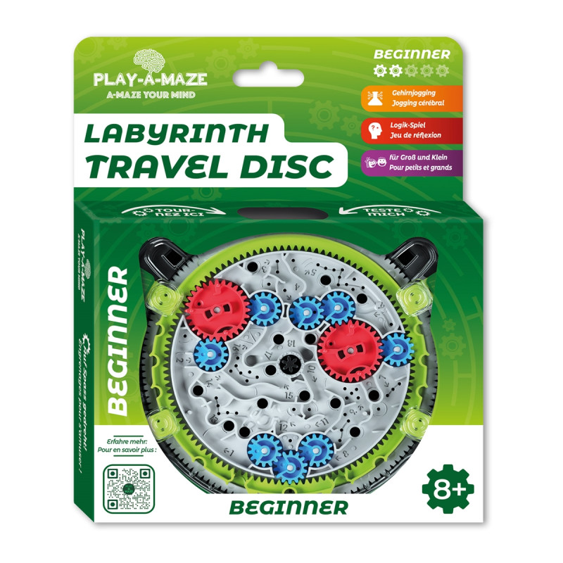 Play-a-Maze Labyrinth Travel Disc im grünen Karton, geeignet für Anfänger ab 8 Jahren.