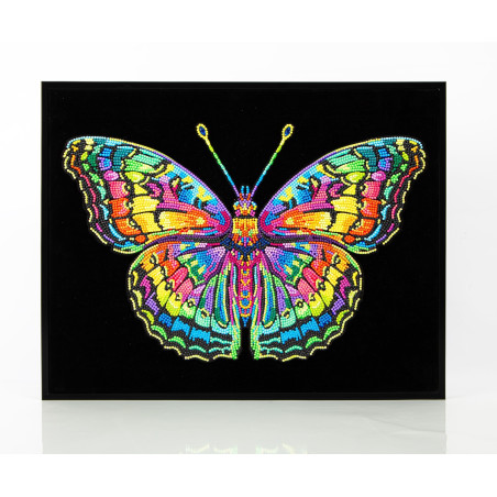 Bunte, perlenbesetzte Schmetterlingsform auf schwarzem Hintergrund in schwarzem Rahmen.