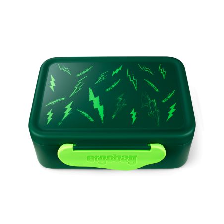 Dunkelgrüne Brotdose mit Blitzmotiven und hellgrünem Verschluss, beschriftet mit ergobag.