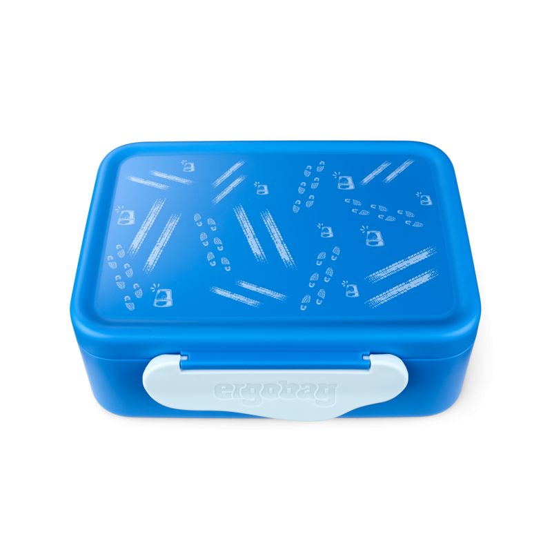 Blaue rechteckige Brotdose mit weißem Verschluss und geometrischem Muster auf dem Deckel.