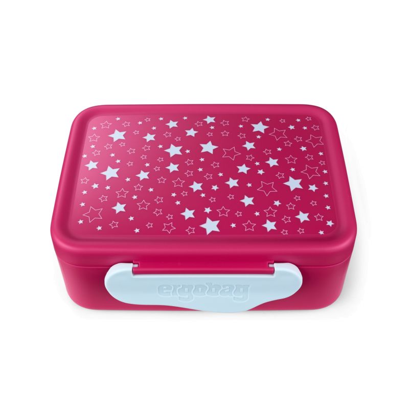 Rosa Brotdose mit weißem Verschluss, verziert mit weißen und hellblauen Sternen auf dem Deckel.