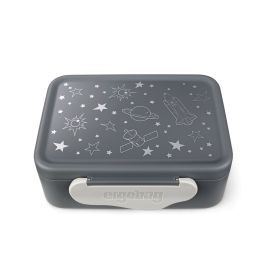 Graue Brotdose mit weißen Weltraum-Motiven wie Sternen, Planeten, Rakete und weißem Verschluss.