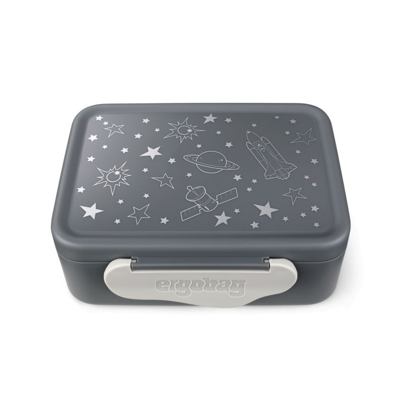 Graue Brotdose mit weißen Weltraum-Motiven wie Sternen, Planeten, Rakete und weißem Verschluss.