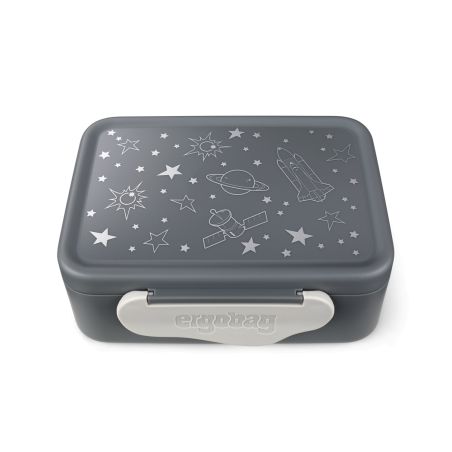 Graue Brotdose mit weißen Weltraum-Motiven wie Sternen, Planeten, Rakete und weißem Verschluss.