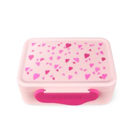 Rosa Brotdose mit rosa Verschluss, verziert mit pinken und roten Herzen auf dem Deckel.