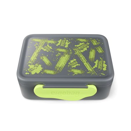 Graue Brotdose mit grünem Verschluss und grünem Reifenmuster auf dem Deckel.