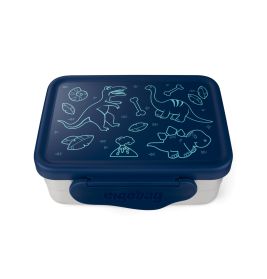 Blau-weiße Brotdose mit Dinosaurier- und Blattmotiven auf dem Deckel.