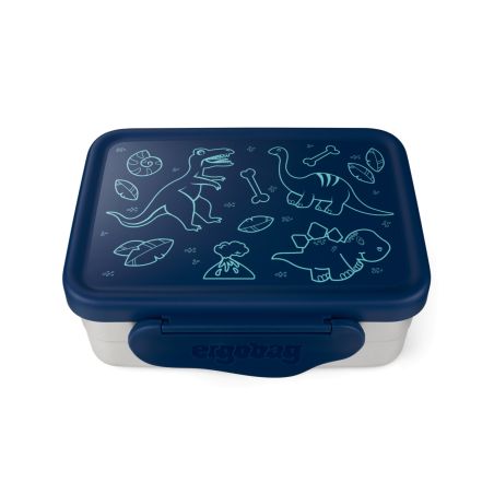 Blau-weiße Brotdose mit Dinosaurier- und Blattmotiven auf dem Deckel.