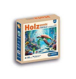 Box mit 150-teiligem Holzpuzzle, Motiv: Unterwasserszene mit Meeresschildkröte und bunten Fischen.