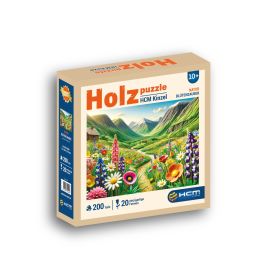 Box eines 200-teiligen Holzpuzzles mit farbenfroher Berglandschaft, Blumen und blauem Himmel.