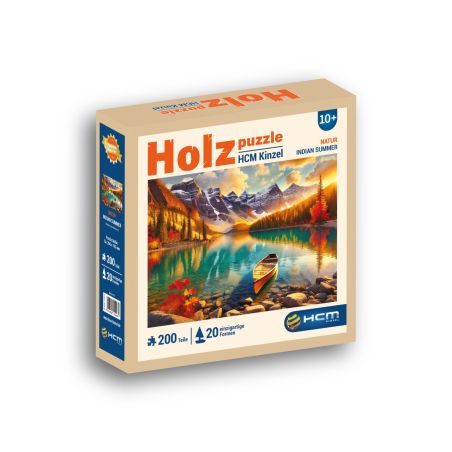 Schachtel eines 200-teiligen Holzpuzzles mit See, Boot und Bergen in herbstlichen Farben.