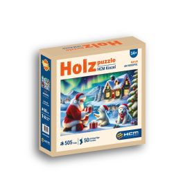 Holzpuzzle mit 505 Teilen, Wintermotiv mit Eisbären und Haus, empfohlen ab 14 Jahren.