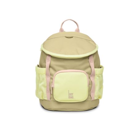 Beiger und hellgelber Rucksack mit pinken Akzenten, Fronttasche und Seitentaschen vor weißem Hintergrund.