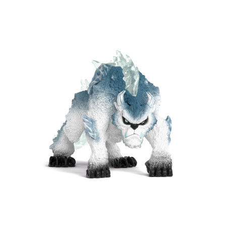 Spielzeugfigur eines weiß-blauen Eismonsters mit Hörnern, Eiszapfen und wütendem Gesichtsausdruck.