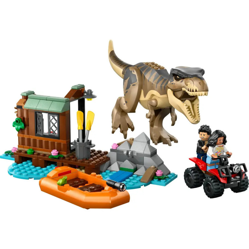 LEGO-Set mit T-Rex, Hütte, Floß, ATV, zwei Minifiguren und Flusslandschaft.