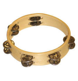 Holztamburin mit Metallschellen, schräg fotografiert vor weißem Hintergrund.