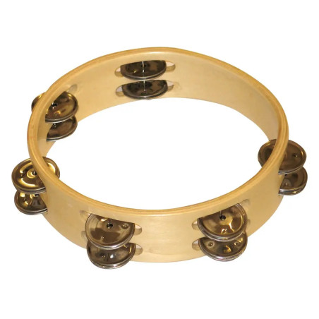 Holztamburin mit Metallschellen, schräg fotografiert vor weißem Hintergrund.