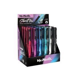 McNeil Ghost Pens in Blau, Pink, Lila und Silber stehen aufrecht in einer Markenbox.